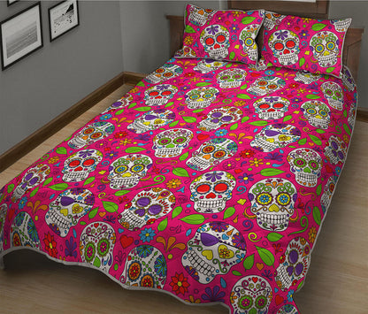 Pink Sugar Skull Pattern Print Quilt Bed Set