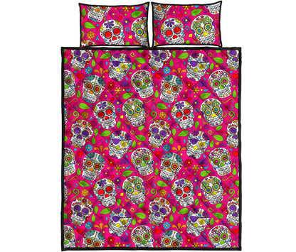 Pink Sugar Skull Pattern Print Quilt Bed Set