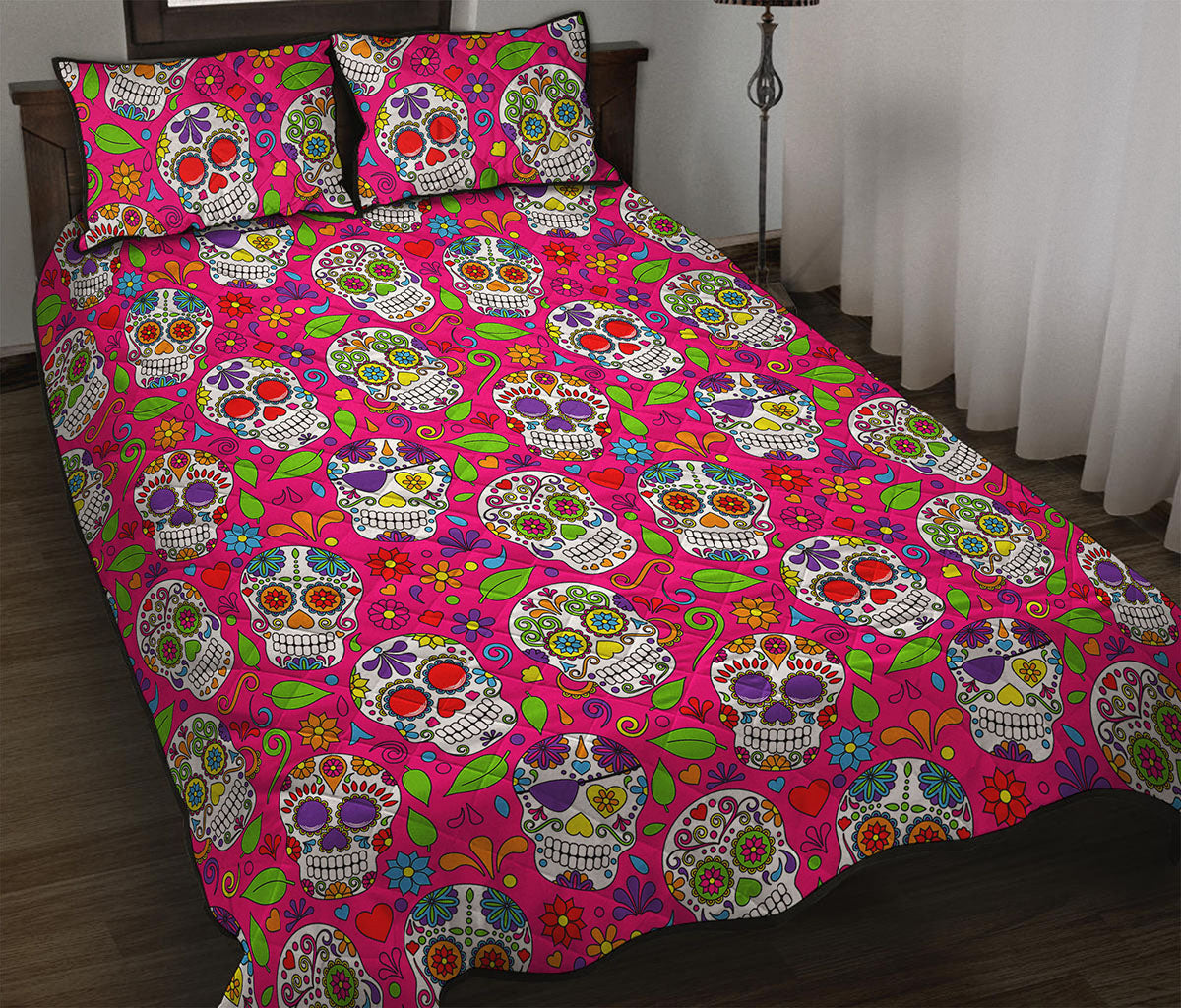 Pink Sugar Skull Pattern Print Quilt Bed Set