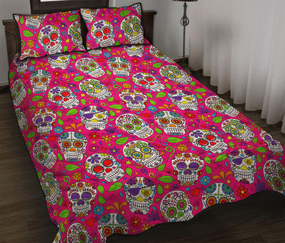 Pink Sugar Skull Pattern Print Quilt Bed Set