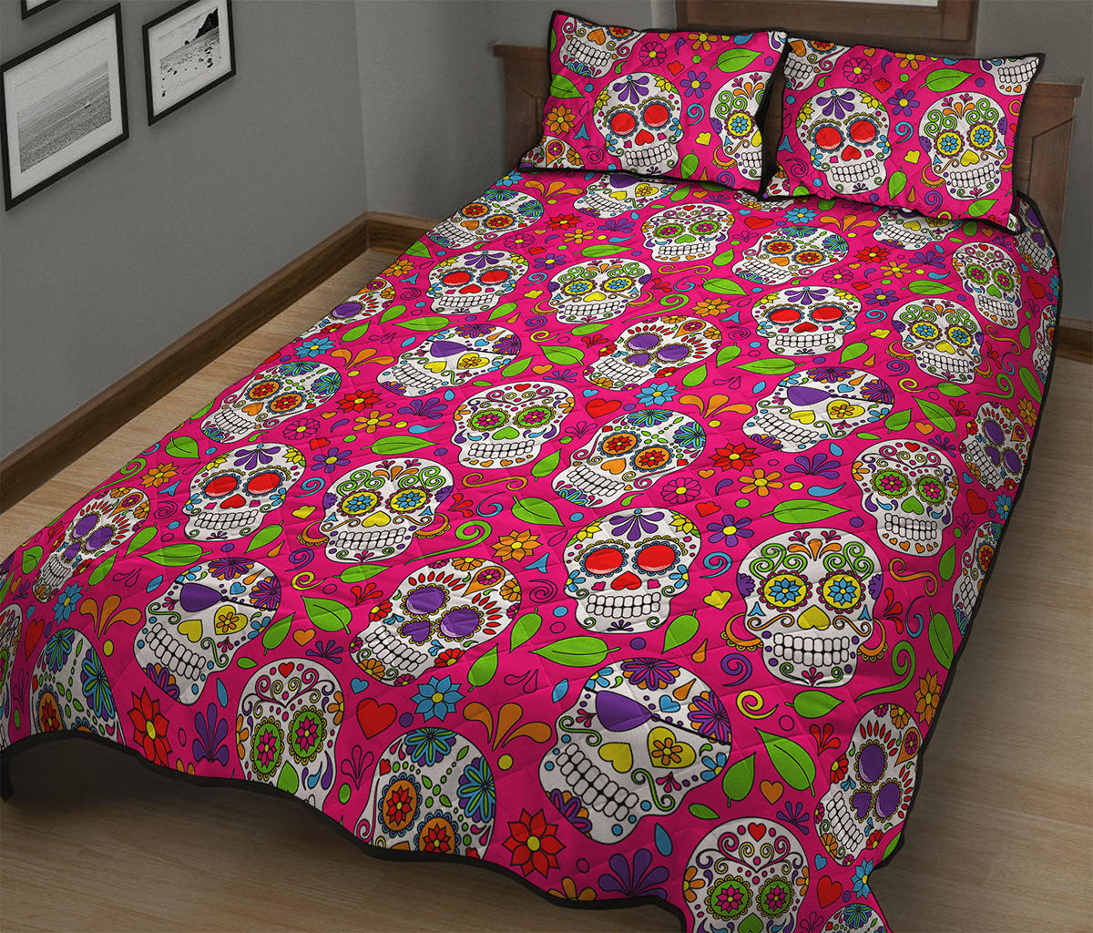 Pink Sugar Skull Pattern Print Quilt Bed Set