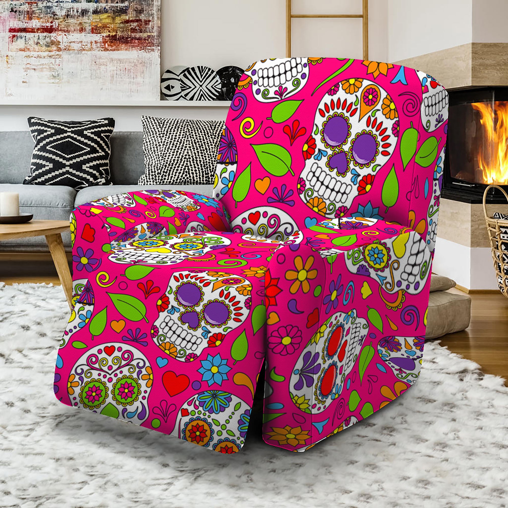 Pink Sugar Skull Pattern Print Recliner Slipcover