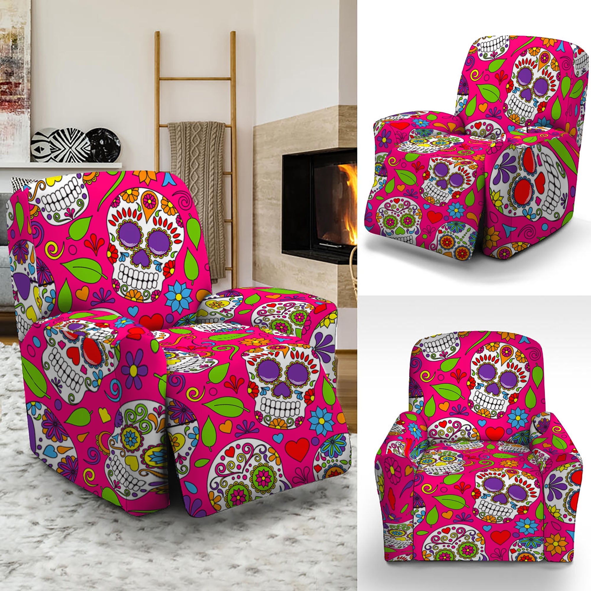 Pink Sugar Skull Pattern Print Recliner Slipcover