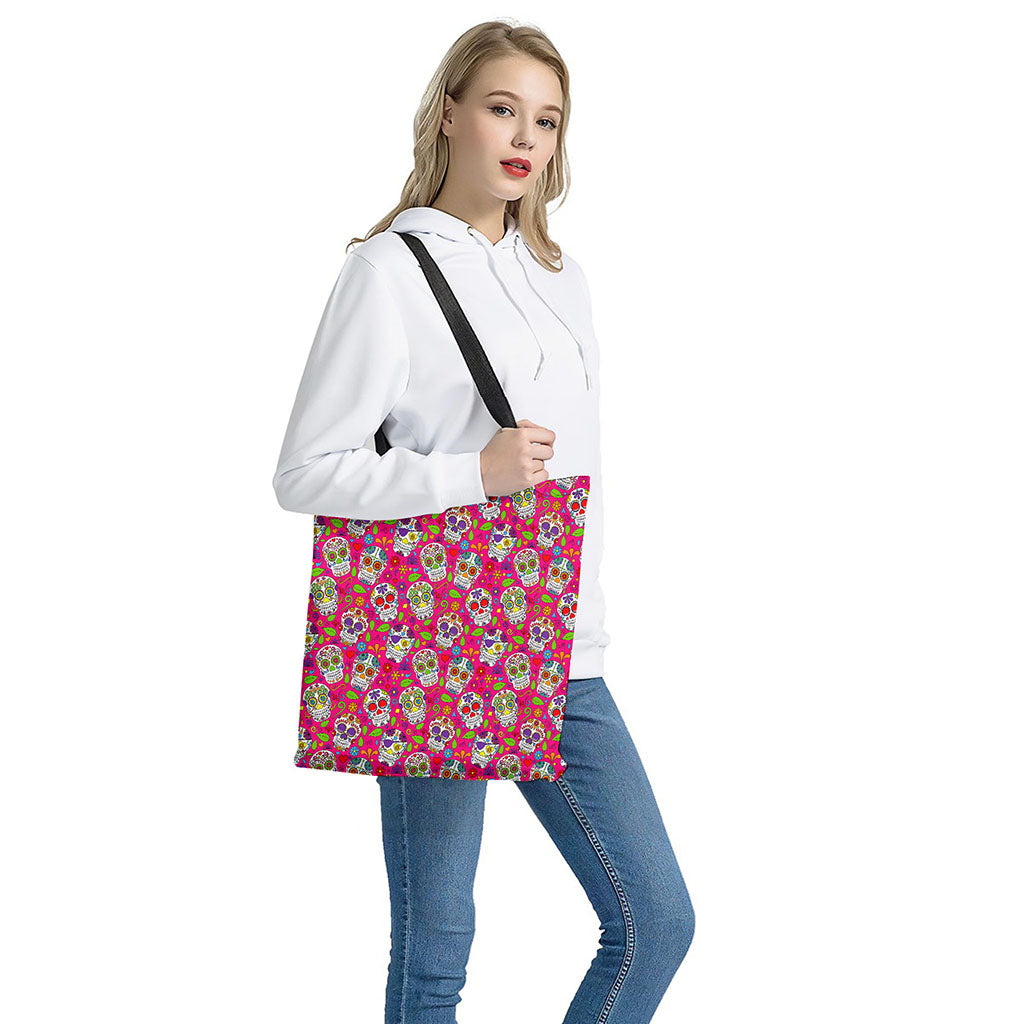 Pink Sugar Skull Pattern Print Tote Bag