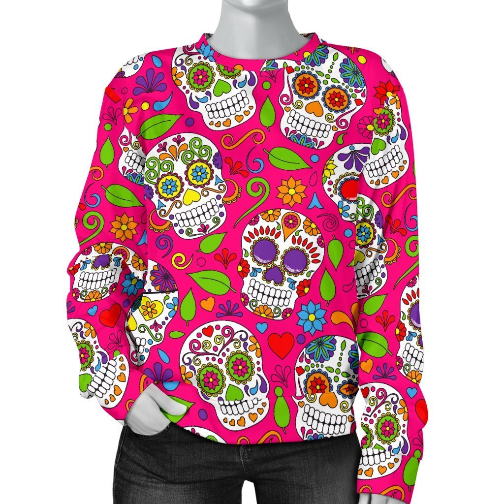 Pink Sugar Skull Pattern Print Women's Crewneck Sweatshirt GearFrost