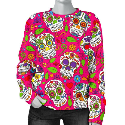 Pink Sugar Skull Pattern Print Women's Crewneck Sweatshirt GearFrost