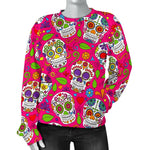 Pink Sugar Skull Pattern Print Women's Crewneck Sweatshirt GearFrost