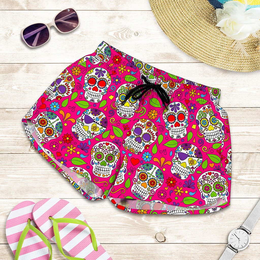 Pink Sugar Skull Pattern Print Women's Shorts