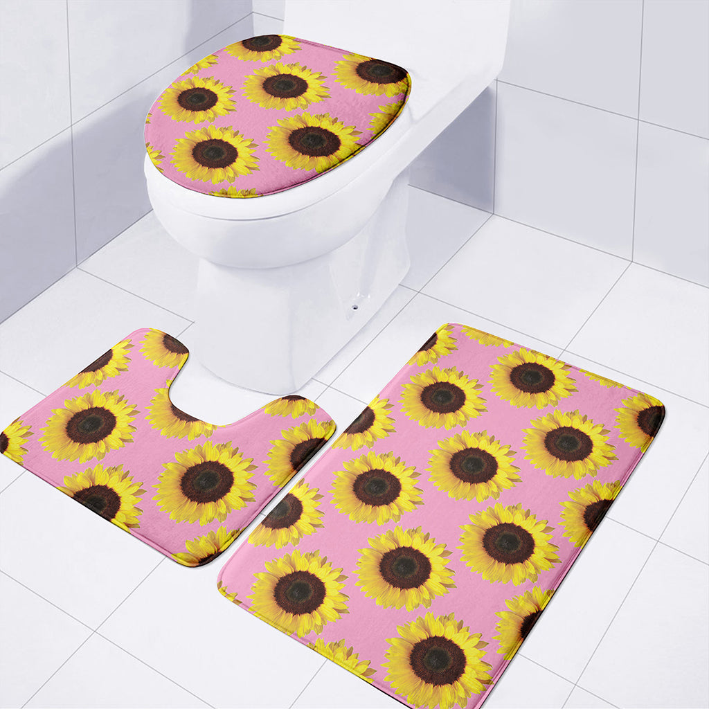 Pink Sunflower Pattern Print 3 Piece Bath Mat Set