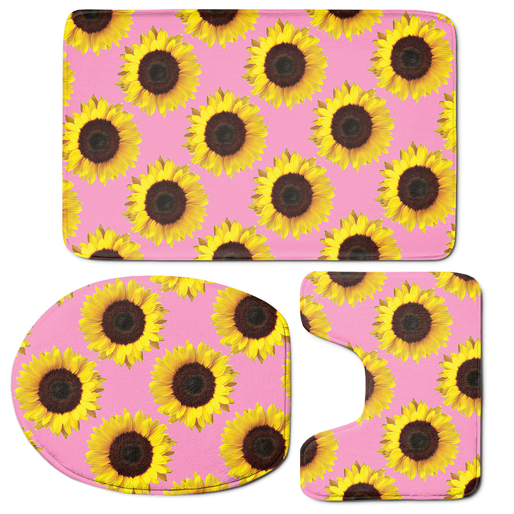 Pink Sunflower Pattern Print 3 Piece Bath Mat Set