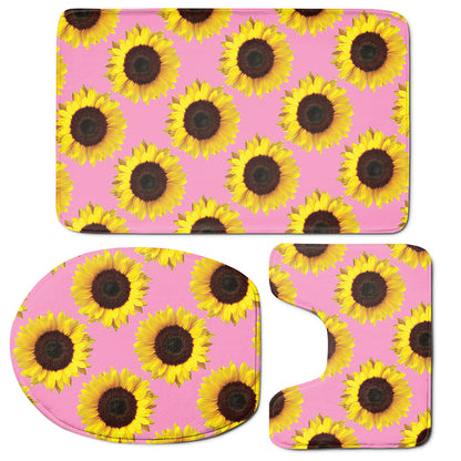 Pink Sunflower Pattern Print 3 Piece Bath Mat Set