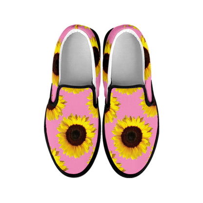 Pink Sunflower Pattern Print Black Slip On Shoes