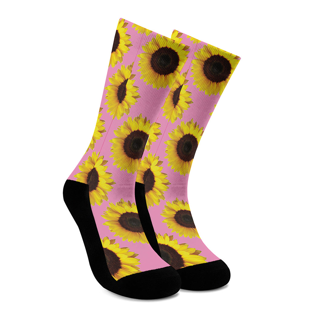 Pink Sunflower Pattern Print Crew Socks