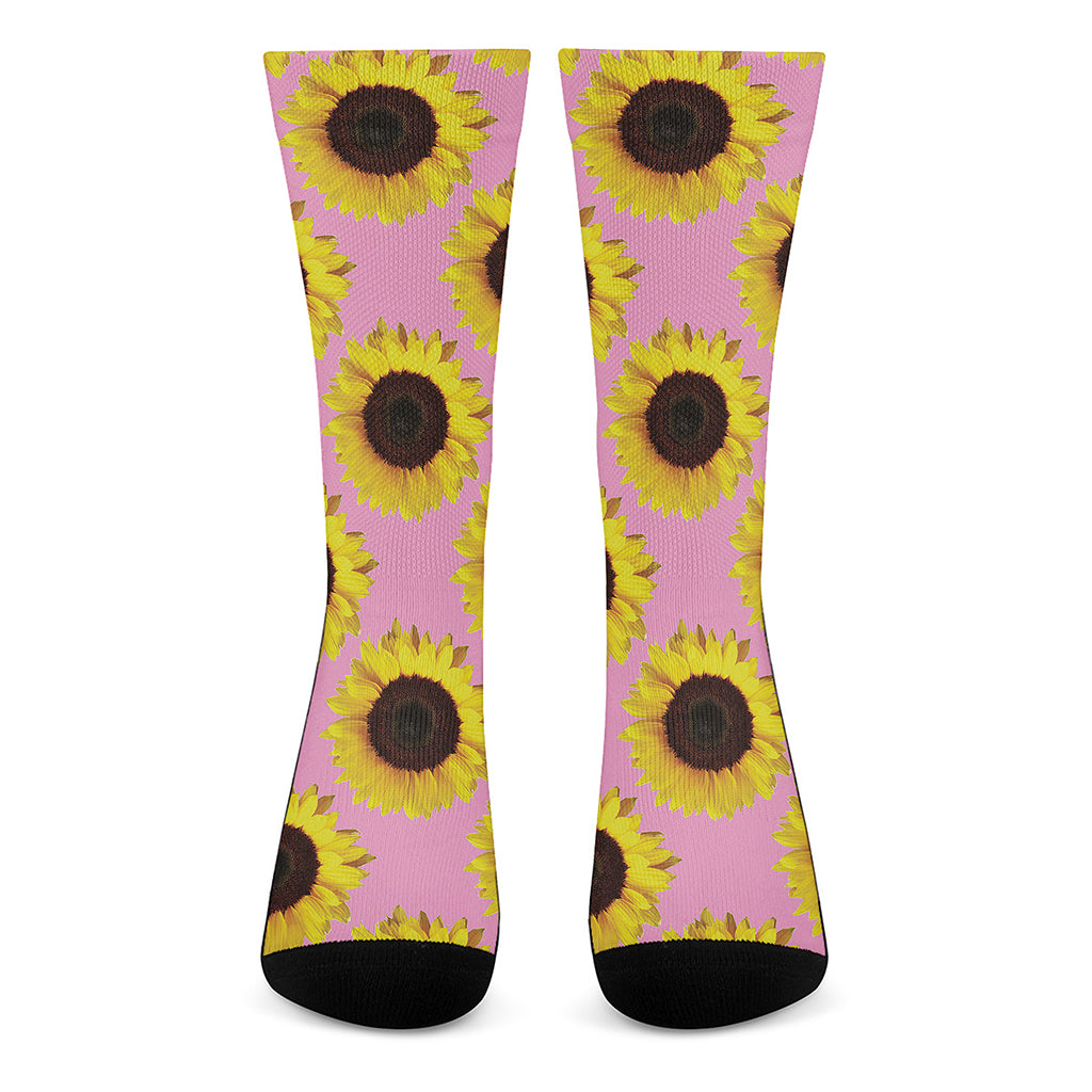 Pink Sunflower Pattern Print Crew Socks