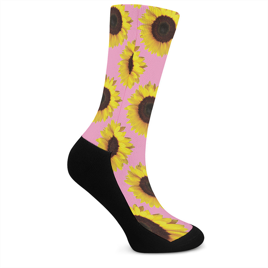 Pink Sunflower Pattern Print Crew Socks