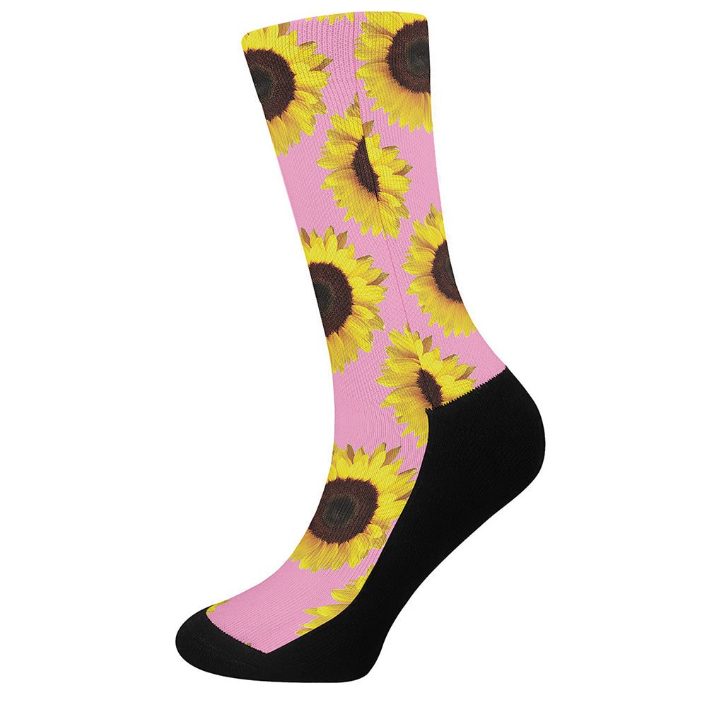 Pink Sunflower Pattern Print Crew Socks