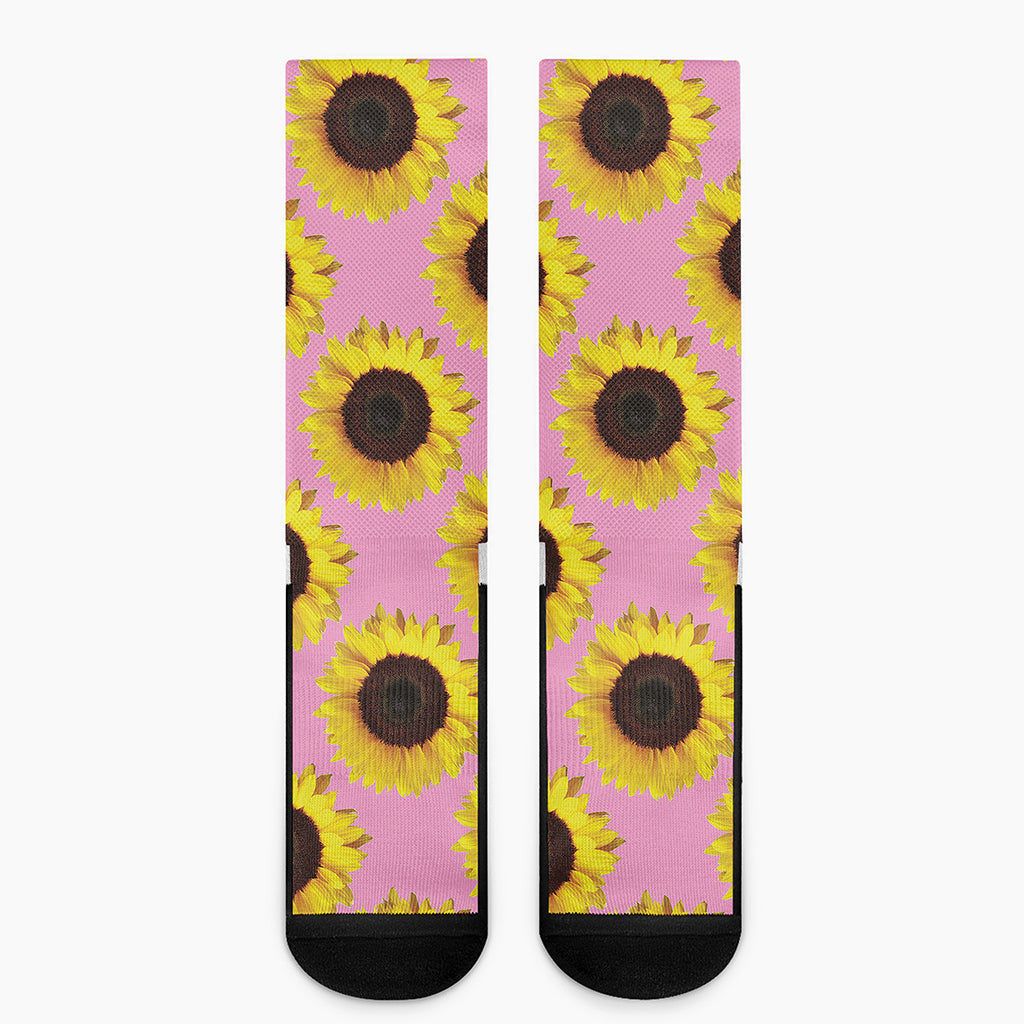 Pink Sunflower Pattern Print Crew Socks