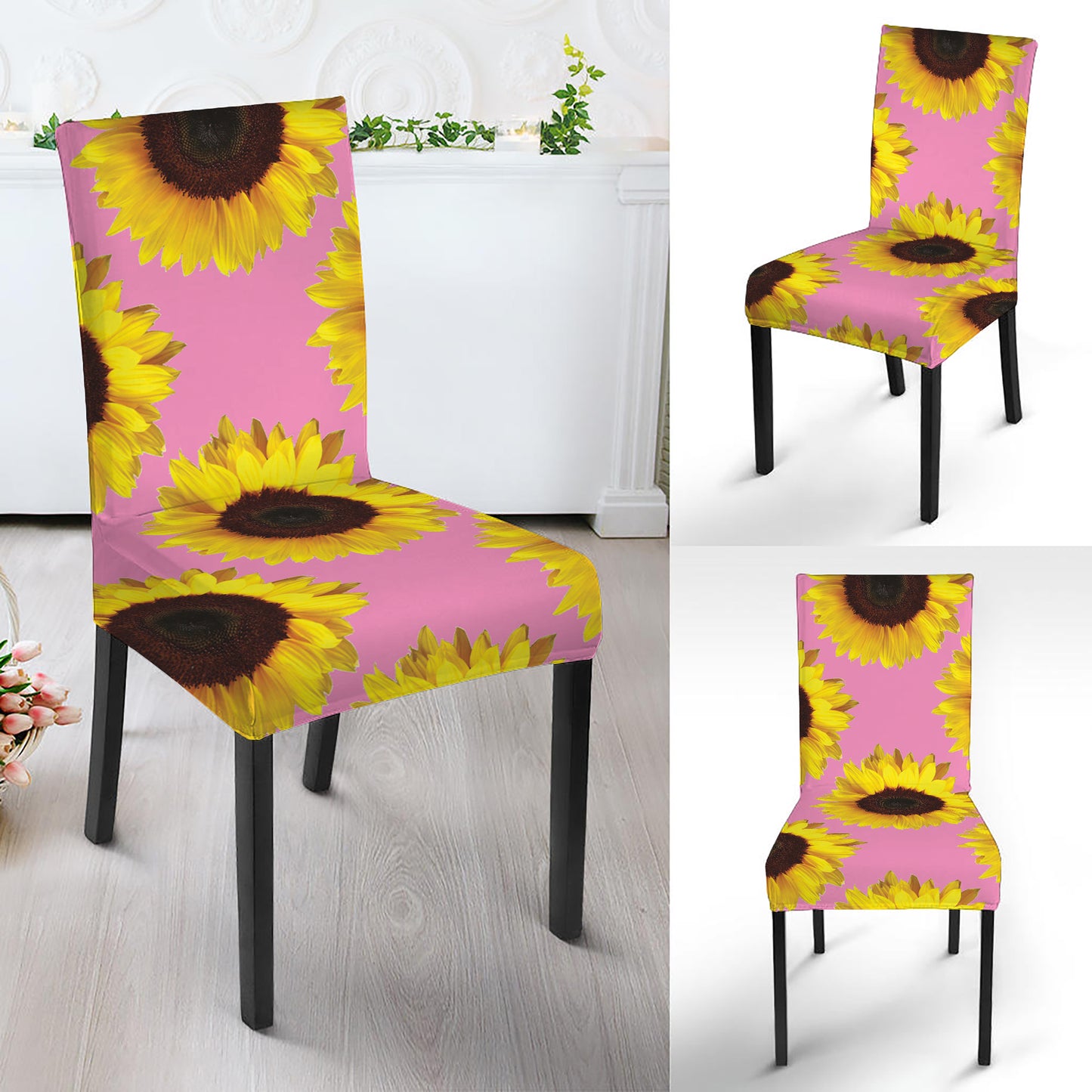 Pink Sunflower Pattern Print Dining Chair Slipcover