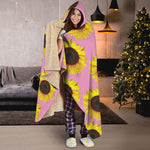 Pink Sunflower Pattern Print Hooded Blanket