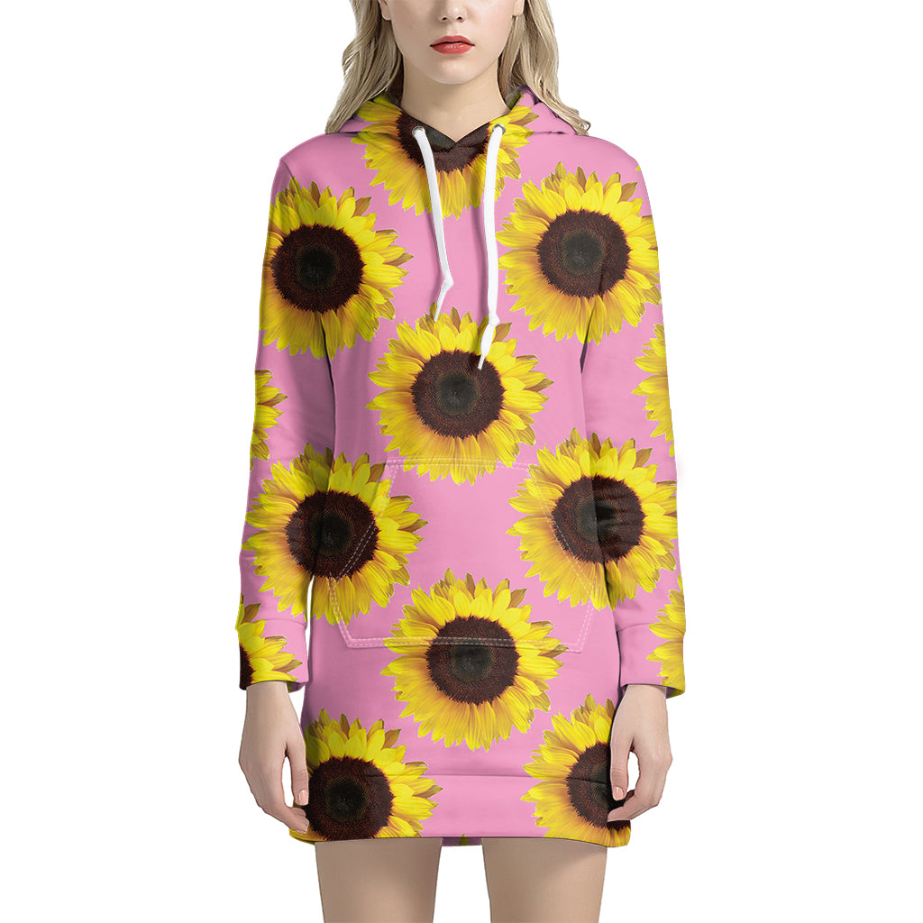Pink Sunflower Pattern Print Hoodie Dress