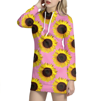 Pink Sunflower Pattern Print Hoodie Dress