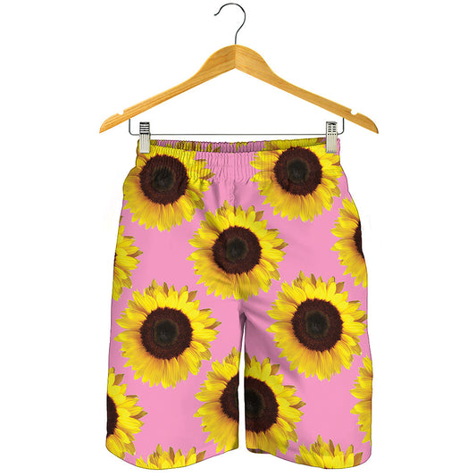 Pink Sunflower Pattern Print Men's Shorts