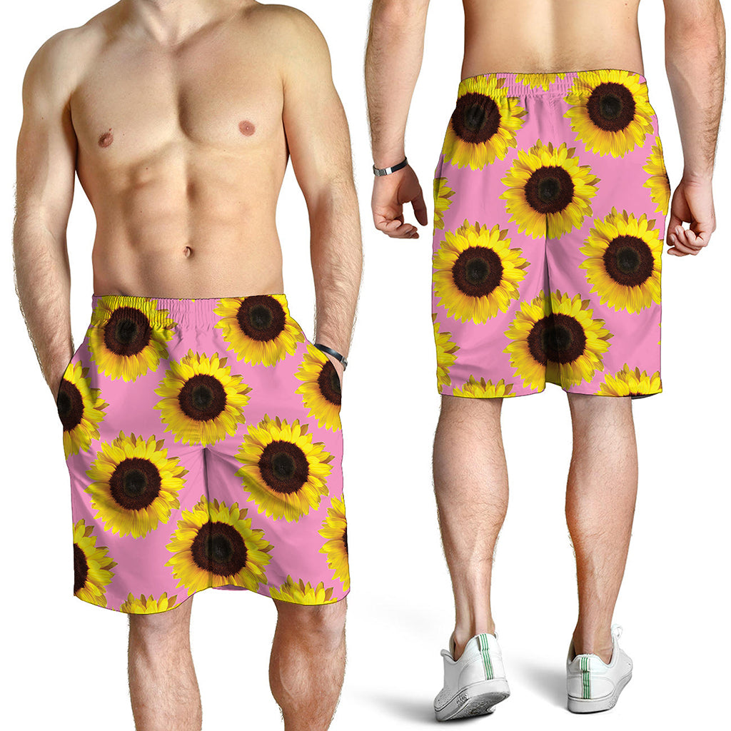 Pink Sunflower Pattern Print Men's Shorts