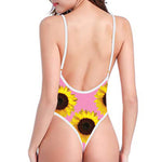 Pink Sunflower Pattern Print One Piece High Cut Swimsuit