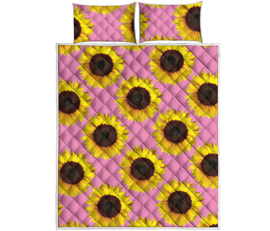 Pink Sunflower Pattern Print Quilt Bed Set