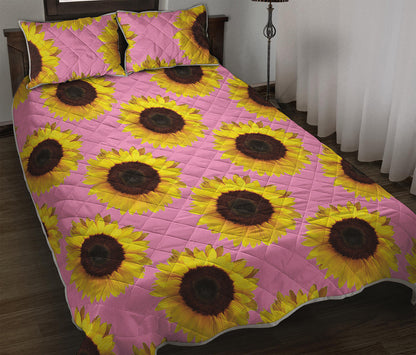 Pink Sunflower Pattern Print Quilt Bed Set