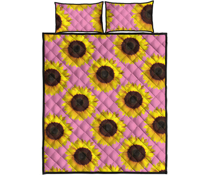 Pink Sunflower Pattern Print Quilt Bed Set