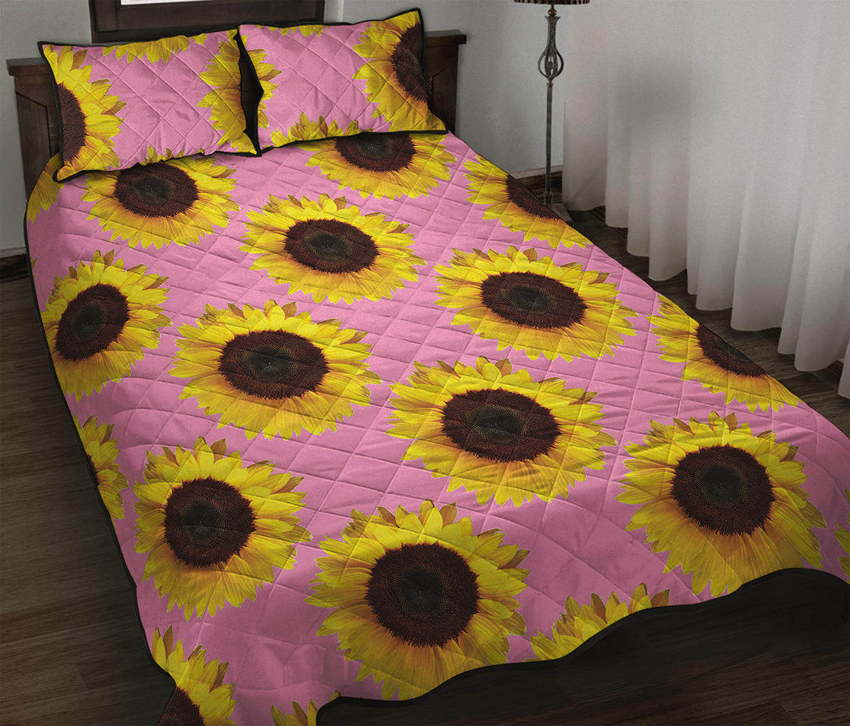 Pink Sunflower Pattern Print Quilt Bed Set