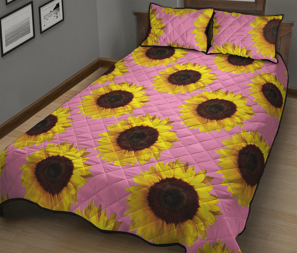 Pink Sunflower Pattern Print Quilt Bed Set