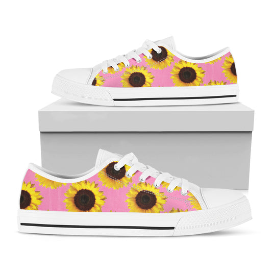Pink Sunflower Pattern Print White Low Top Shoes