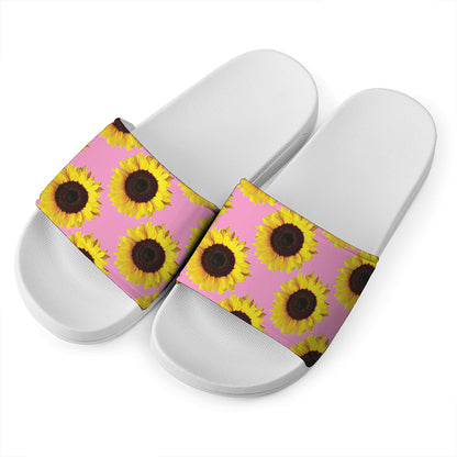 Pink Sunflower Pattern Print White Slide Sandals