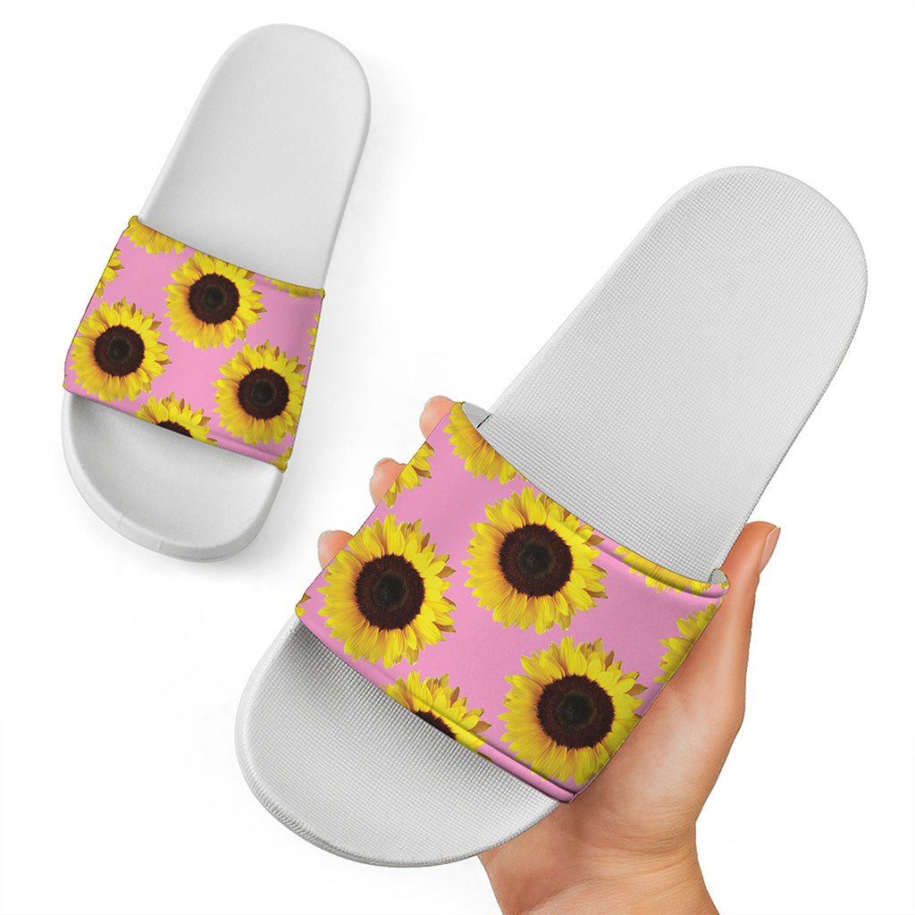Pink Sunflower Pattern Print White Slide Sandals