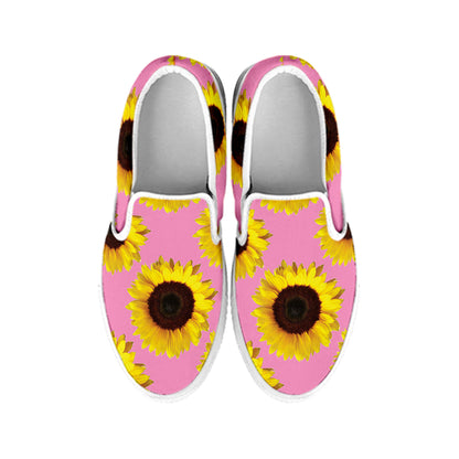 Pink Sunflower Pattern Print White Slip On Shoes