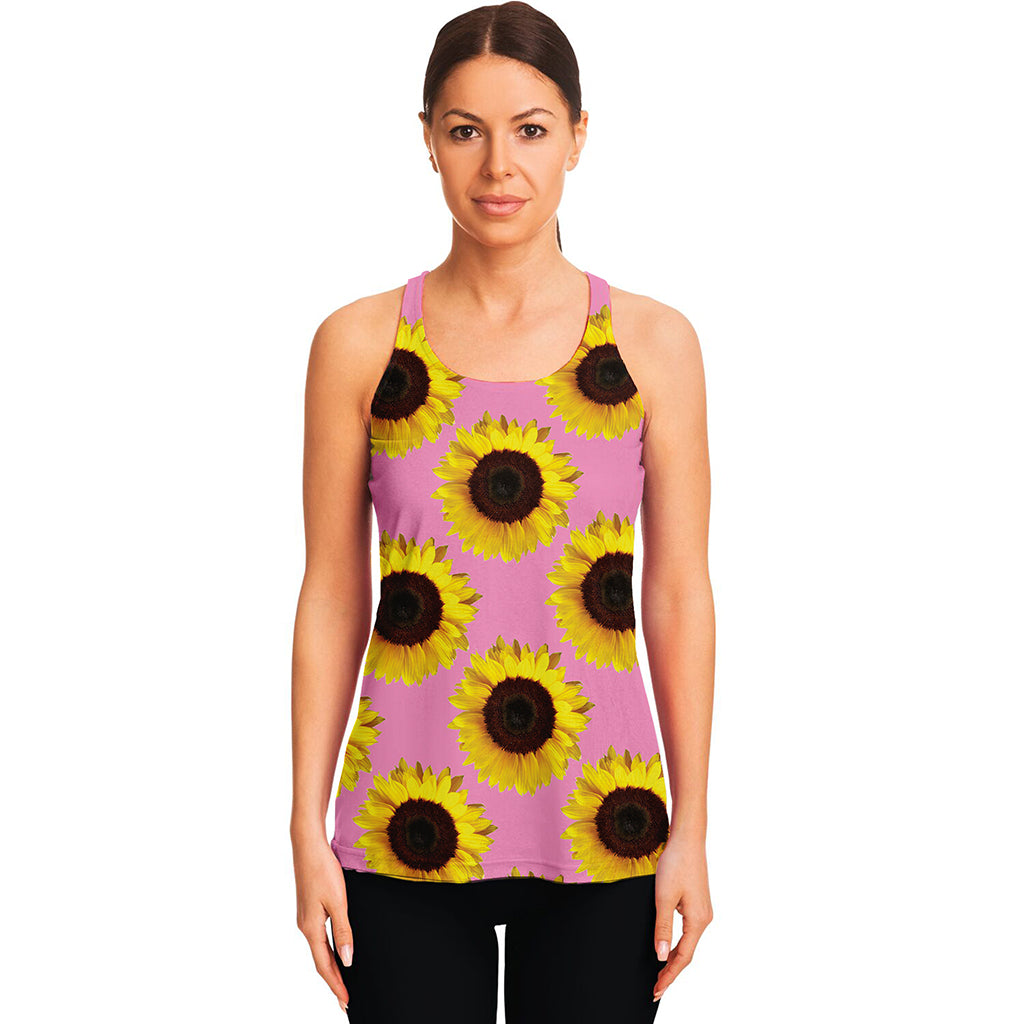 Pink Sunflower Pattern Print Women's Racerback Tank Top