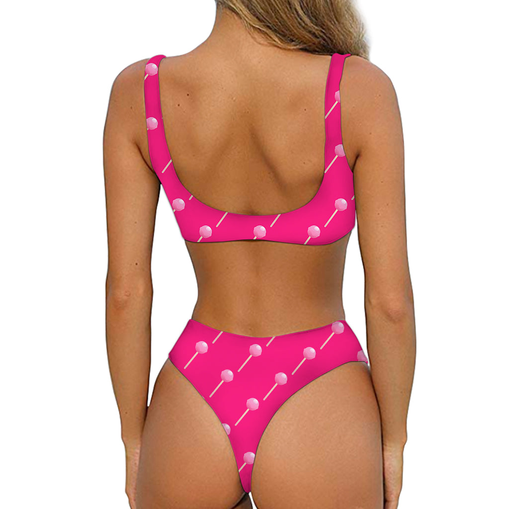 Pink Sweet Lollipop Pattern Print Front Bow Tie Bikini