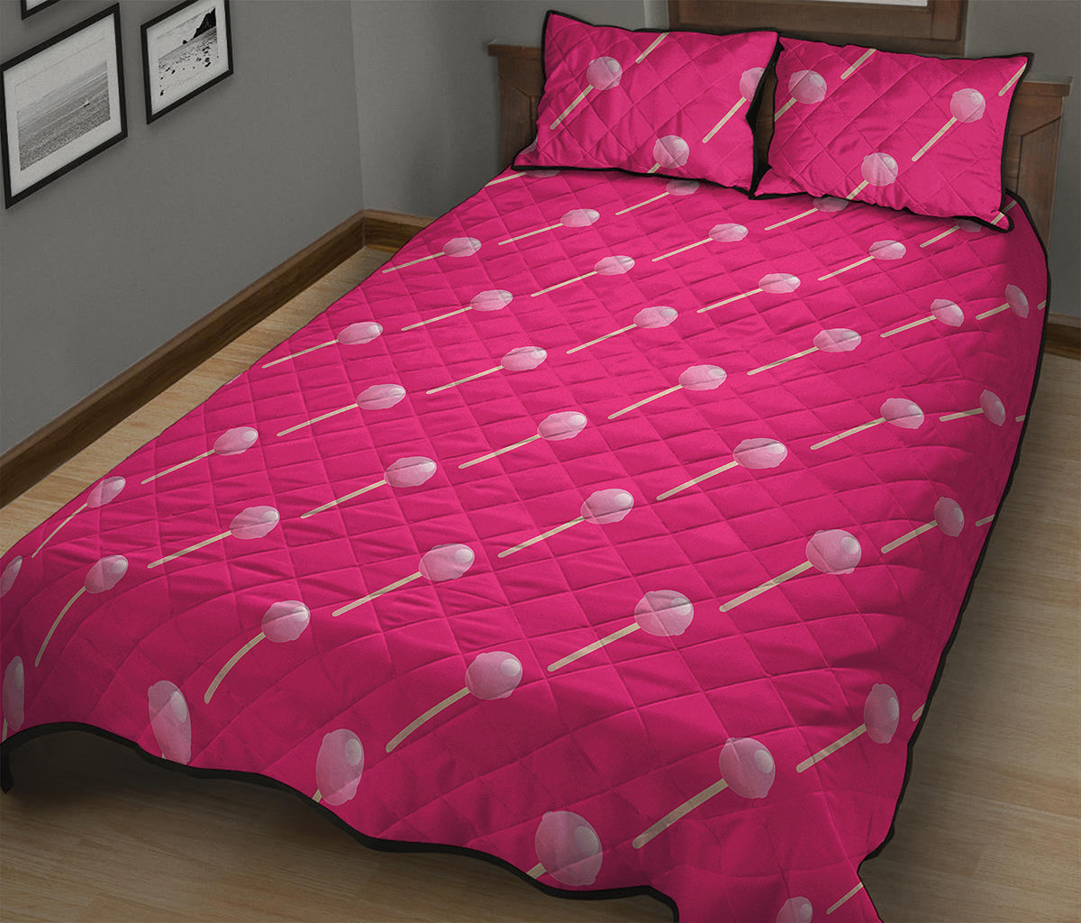 Pink Sweet Lollipop Pattern Print Quilt Bed Set
