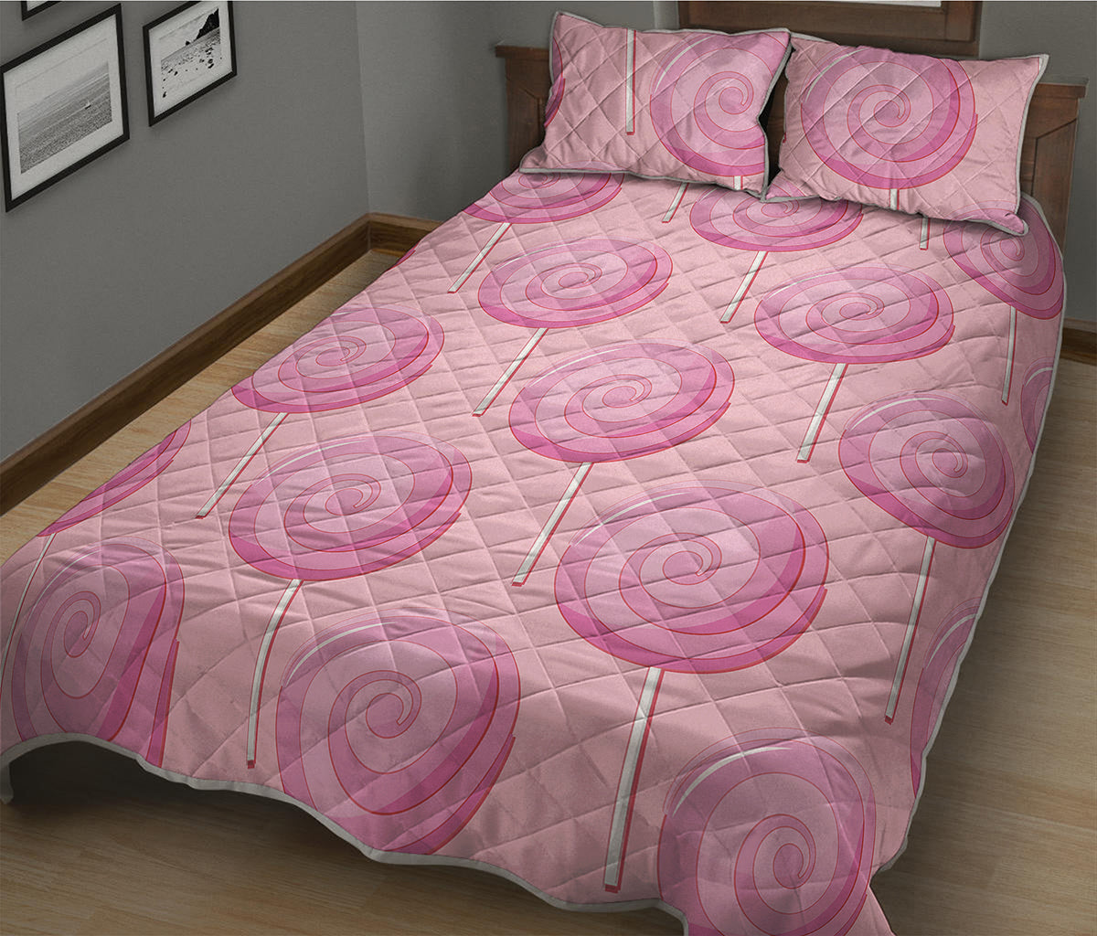 Pink Swirl Lollipop Pattern Print Quilt Bed Set