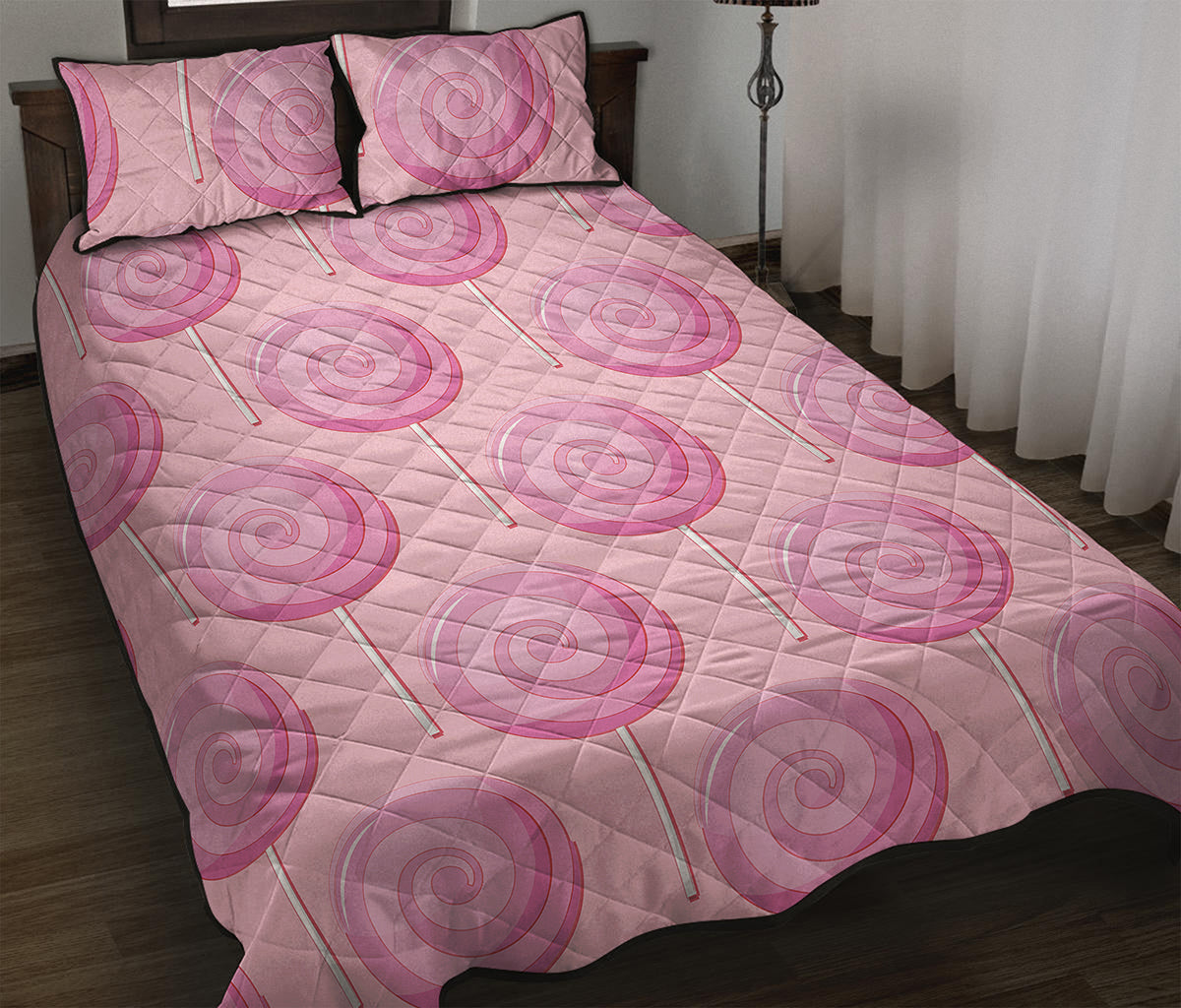 Pink Swirl Lollipop Pattern Print Quilt Bed Set