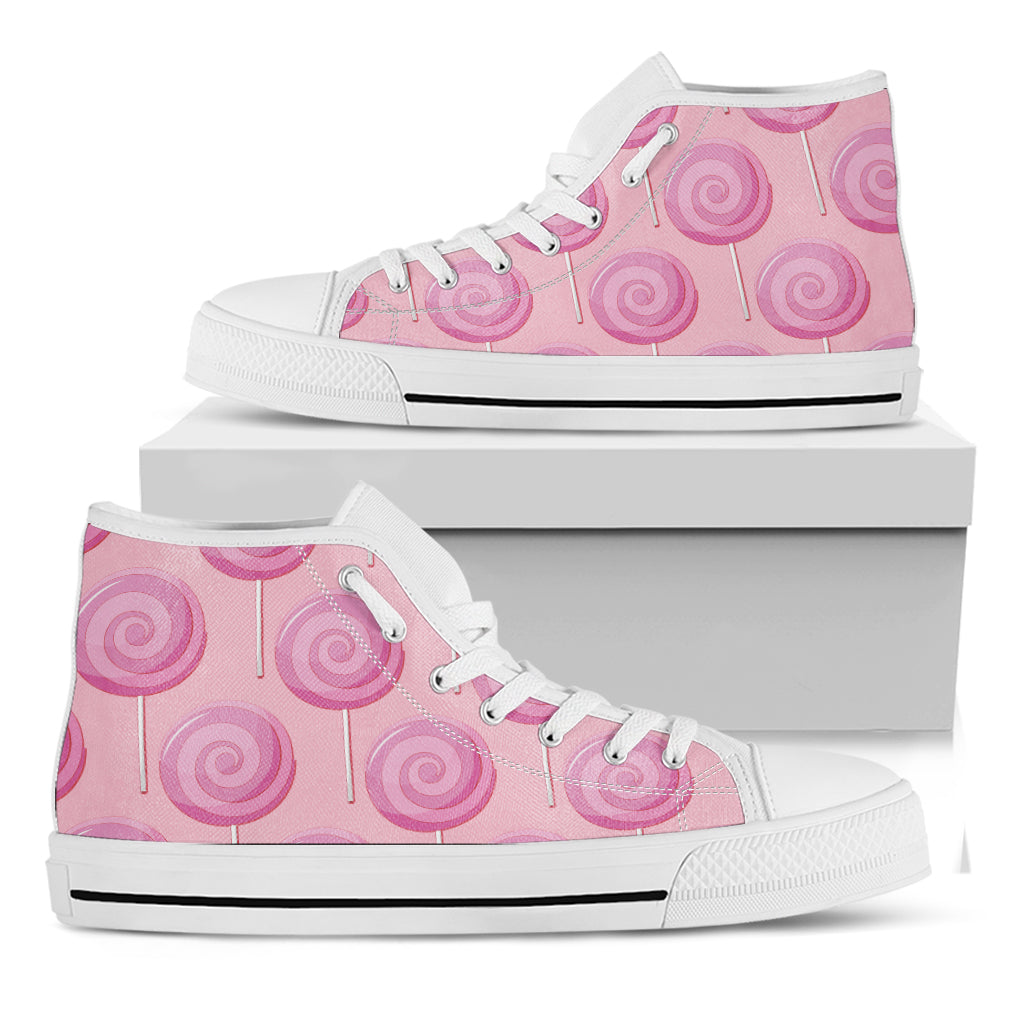 Pink Swirl Lollipop Pattern Print White High Top Shoes