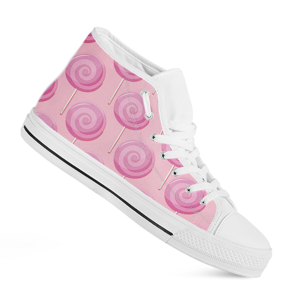 Pink Swirl Lollipop Pattern Print White High Top Shoes