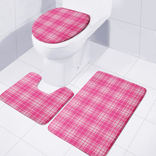 Pink Tartan Pattern Print 3 Piece Bath Mat Set