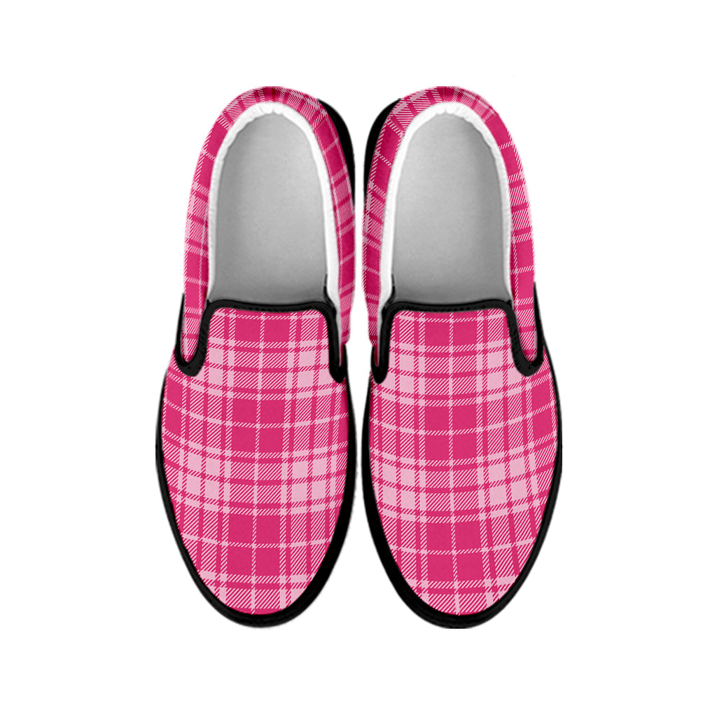 Pink Tartan Pattern Print Black Slip On Shoes