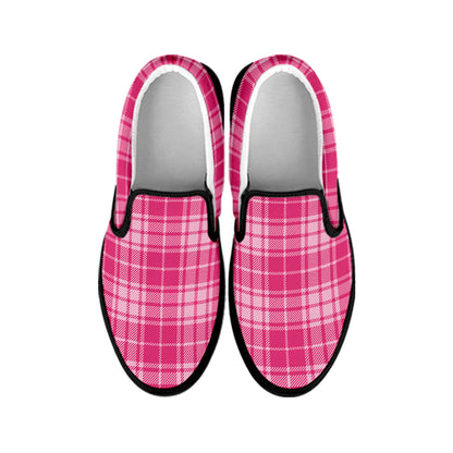 Pink Tartan Pattern Print Black Slip On Shoes