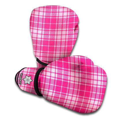 Pink Tartan Pattern Print Boxing Gloves