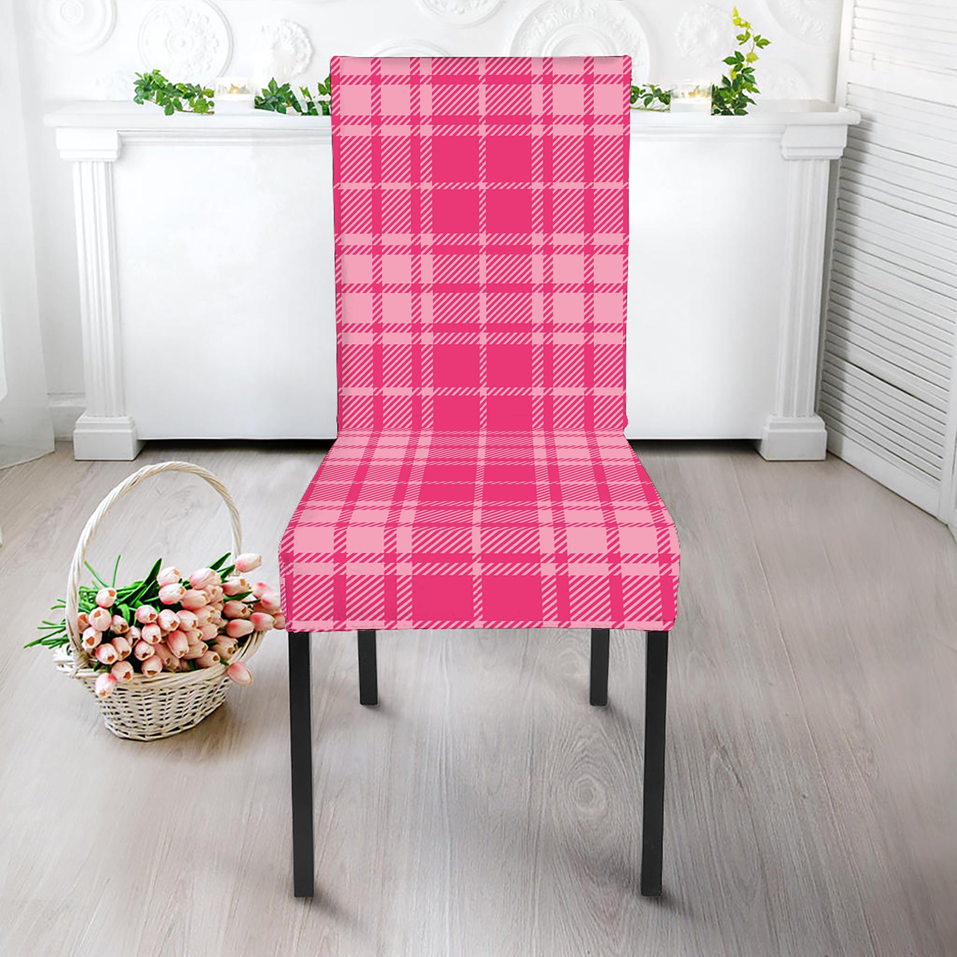 Pink Tartan Pattern Print Dining Chair Slipcover
