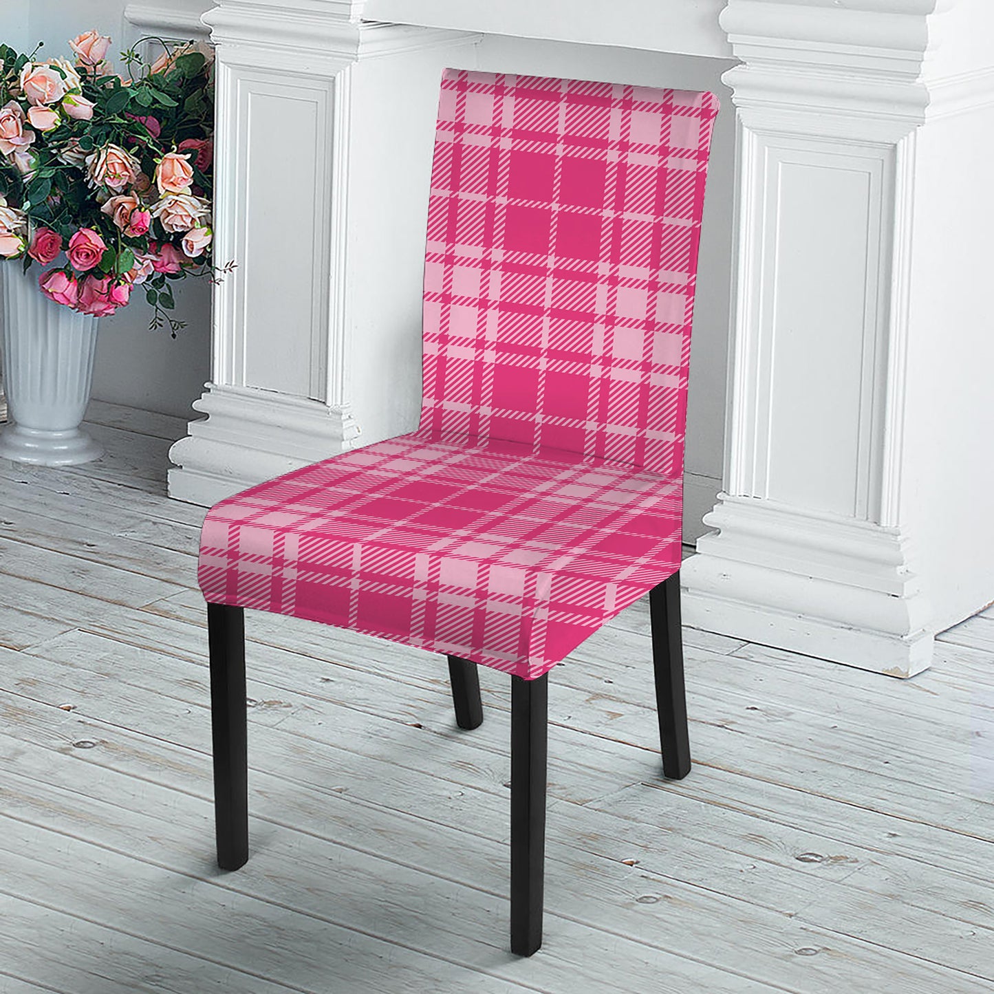 Pink Tartan Pattern Print Dining Chair Slipcover